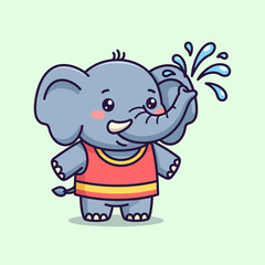 Fototapeta premium Cute cartoon baby elephant splashing water with its trunk.