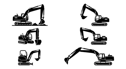 Excavator silhouette vector set, heavy construction machinery icons © Rafi
