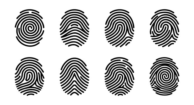 Fingerprint icon set, 8 black biometric thumbprint vectors, security symbols