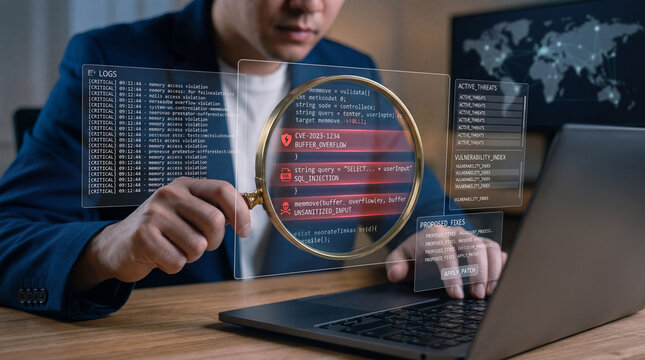 Professional cybersecurity analyst using a magnifying glass to inspect digital code on a holographic screen for vulnerabilities like buffer overflow and sql injection in a high-tech office environment