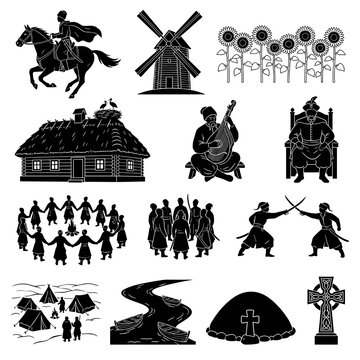 Ukrainian Cossack heritage icons: horse rider, steppe windmill, house, and historical silhouettes