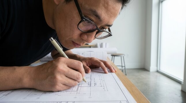 Focused Asian man wearing glasses, drawing architectural blueprints with a technical pen. Bright, minimalist studio workspace with a large window.
