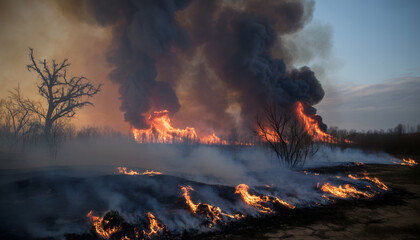 Fototapeta premium Large wildfire burning through dry vegetation with thick black smoke rising against the sky