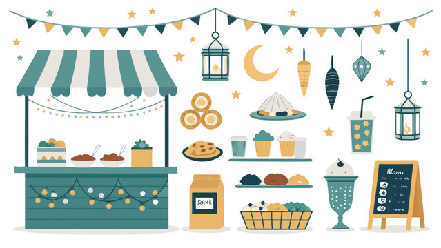 A cartoon vector icon sheet of night bazaar featuring food, drinks, bazaar tenant, and more icon for festive design