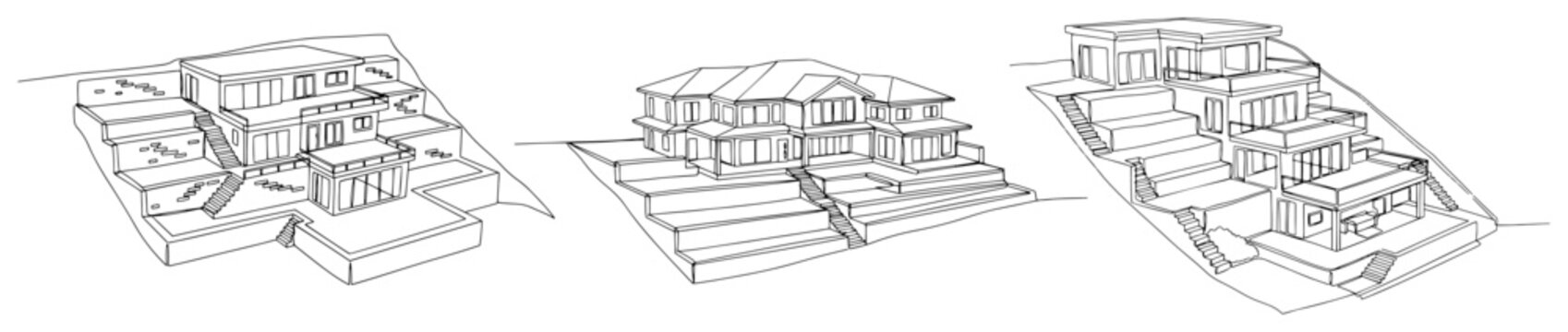 Modern multi level residential villa designs on terraced slopes in architectural line art