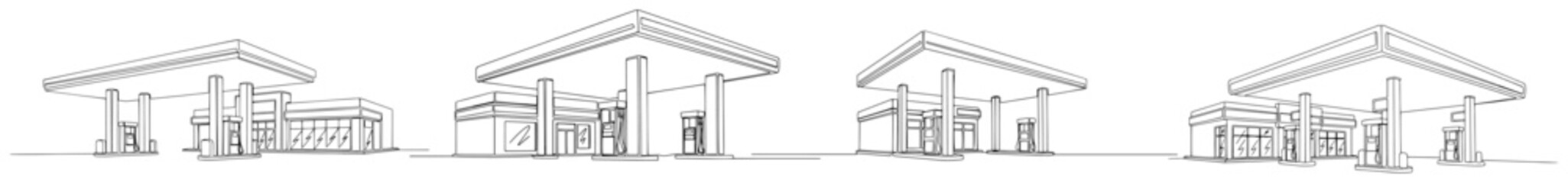 Minimalist architectural sketches of modern gas stations with fuel pumps and canopy structures © Wieslaw