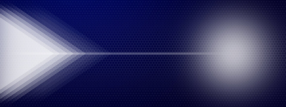 Abstract dark blue background with white gradient arrows glowing light line and soft circle over hexagonal grid. Modern futuristic design for technology data and digital connectivity