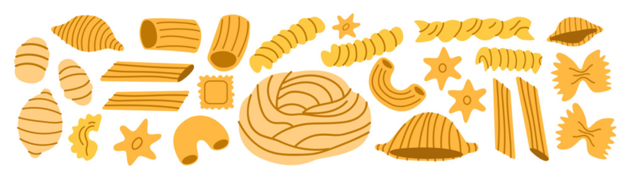 Different Italian pasta types set in cartoon doodle style. Traditional pasta shapes, penne, fusilli, farfalle, ravioli and macaroni. Vector food illustration for culinary design, stickers