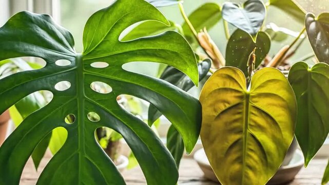 Timelapse of various common houseplant leaves (monstera, philodendron) unfurling in sequence under natural window light, showcasing growth patterns.