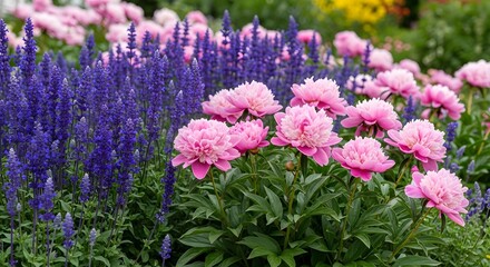 Obraz premium Vibrant Pink Peonies and Purple Flowers Blooming in a Lush Garden
