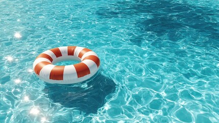 Naklejka premium Floating Lifebuoy in Clear Blue Swimming Pool with Summer Copy Space