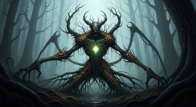 Forest demon with glowing core and twisted roots in eerie misty woods