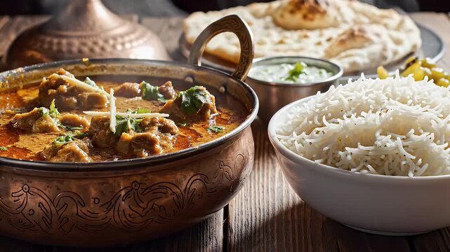 A Delicious and Authentic Side View of a Traditional Middle Eastern Dish, Lamb Rogan Josh, Mutton Korma Karahi, Served With White Rice in a Dish on a Table, Capturing the Rich Flavors and Aromas of t