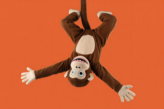 Monkey mascot hanging upside down with orange background