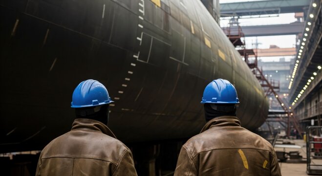 Two male shipyard engineers in blue hard hats inspecting a large submarine hull in a dry dock