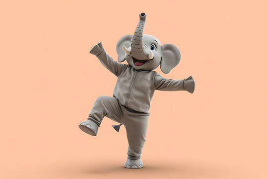 Happy elephant mascot costume dancing with the mascot has a smiling expression, big ears, and a playful stance, peach background, costumed character, costumed entert