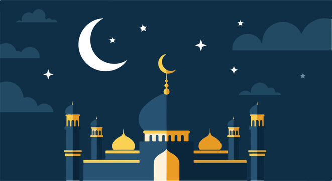 Mosque at Night with Crescent Moon.