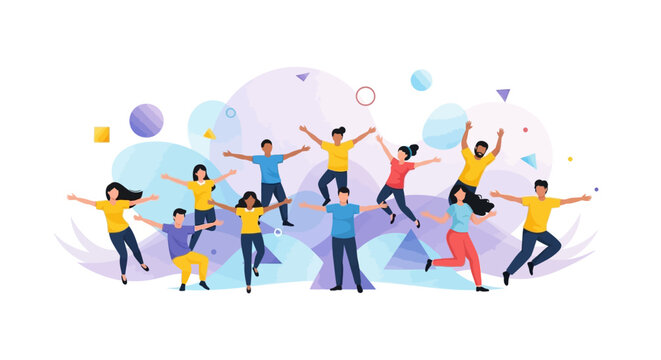 Vector illustration showing diverse people celebrating together, with arms raised in unity and hope against a geometric background, conveying a sense of progress and improvement toward