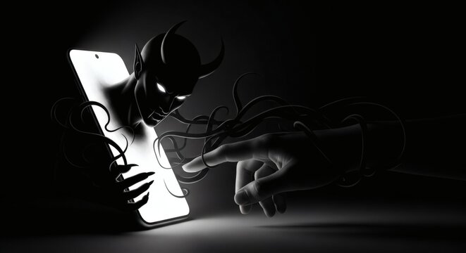 Dark demon emerging from smartphone symbolizing digital evil and control