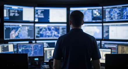 Fototapeta premium Caucasian Male Cybersecurity Analyst Monitoring Global Threat Intelligence Data in Command Center