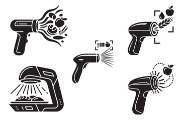 Set of food scanning devices icons showing handheld scanners identifying fruits, grains, and prepared dishes with barcode and sensor elements © Md Jamal Uddin