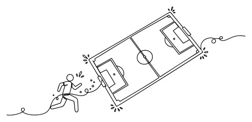 Simple line art drawing of a soccer field pitch with a player running to start the game © Wieslaw