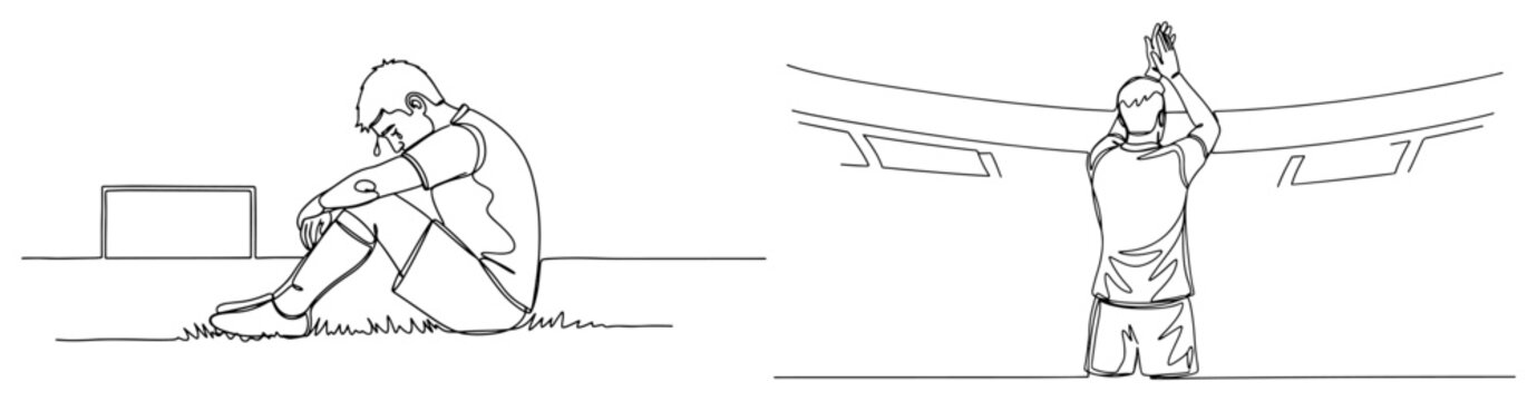Continuous line drawing of soccer players showing emotions of defeat and prayer