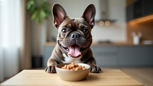 Funny French Bulldog Puppy with Open Mouth and Tongue Out, Ready to Eat from Bowl