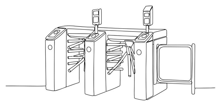 Continuous line art of stadium entrance gate with security turnstiles for fans