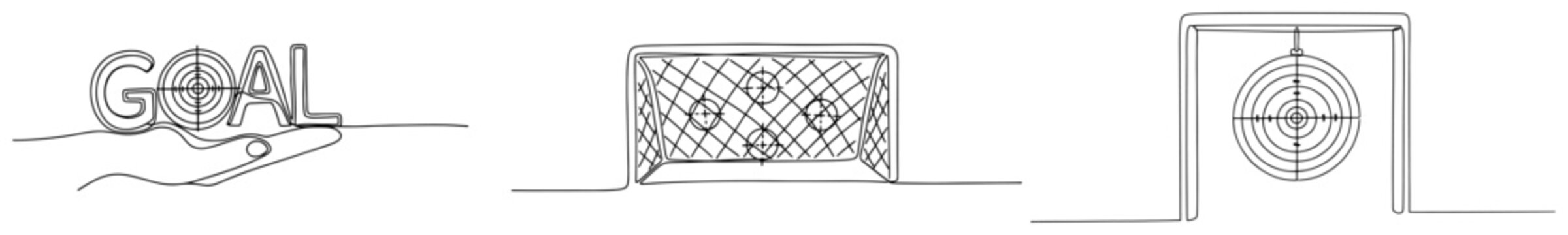 Continuous line drawing of soccer goals and a target net with a hand holding goal text