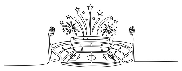 Continuous line drawing of a sports stadium arena with fireworks and celebration stars © Wieslaw