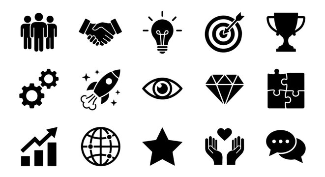 Business core values icons, 15 black vector symbols for corporate mission