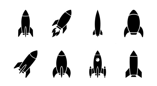 Rocket ship icon set, black spaceship silhouettes, 8 vector launch symbols