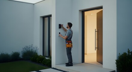 Fototapeta premium Smart home technician installing security system or intercom on modern house exterior wall