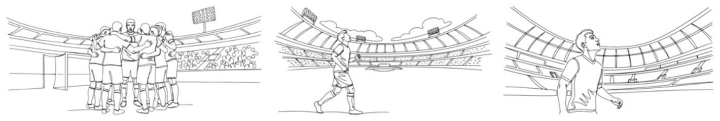 Set of continuous line drawings showing soccer team huddle and players in a stadium arena © Wieslaw