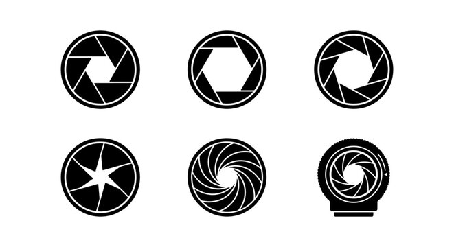Camera shutter aperture icon set, black photography lens diaphragm symbols, 6 vector elements for photo studio branding and video production