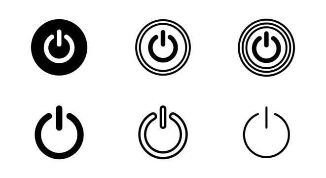Minimalist power button icon set, 6 black start symbols, digital switch vector
