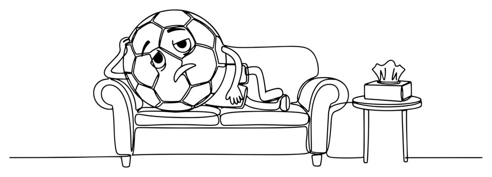 Continuous line drawing of a sick soccer ball character lying on a sofa with tissues