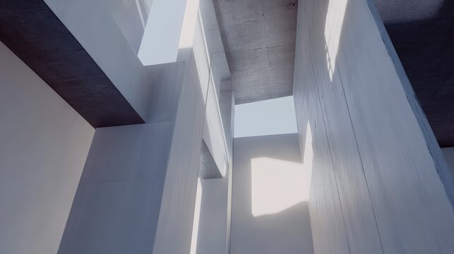 Concrete walls and beams create a complex architectural arrangement, highlighting the dynamic interplay of light and shadow across geometric surfaces and abstract forms