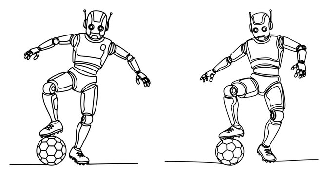 Continuous line art of futuristic robots playing soccer and controlling the ball