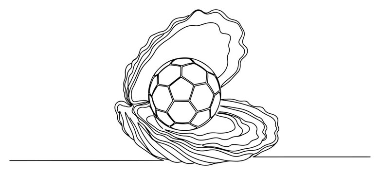 Continuous one line drawing of a soccer ball inside an open oyster shell like a pearl