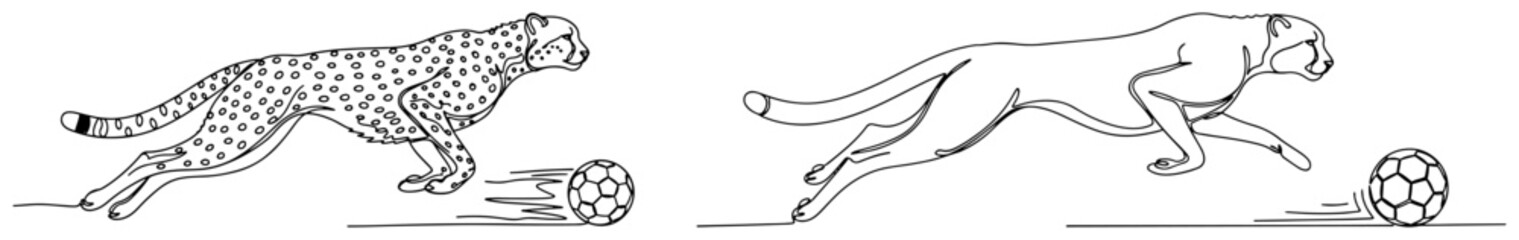 Continuous line drawing of a fast cheetah chasing a soccer ball on a field © Wieslaw