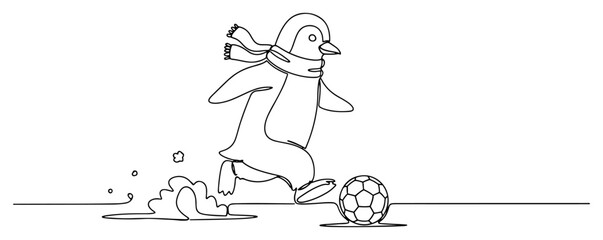 Fototapeta premium Continuous line drawing of a penguin wearing a scarf and playing soccer in the snow
