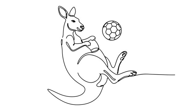 Continuous line drawing of a kangaroo jumping and kicking a soccer ball in the air