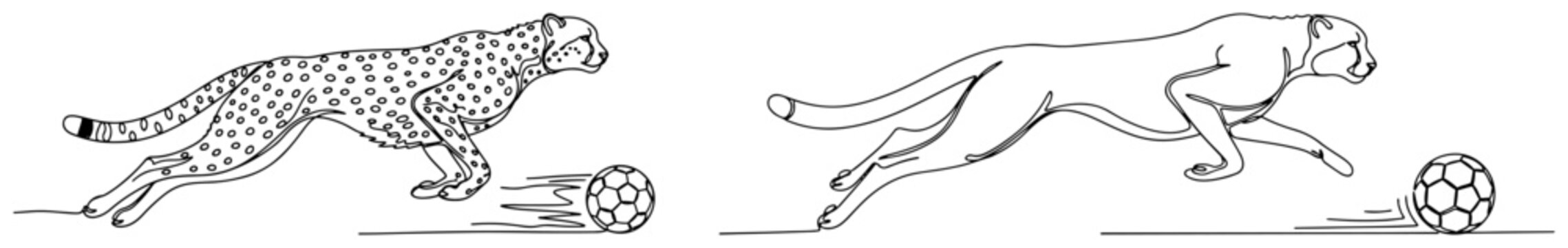 Continuous line drawing of a fast cheetah chasing a soccer ball on a field