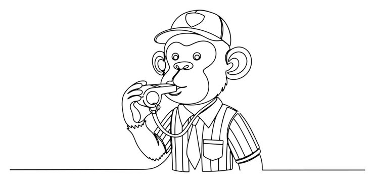 Continuous line drawing of a monkey character dressed as a soccer referee blowing a whistle