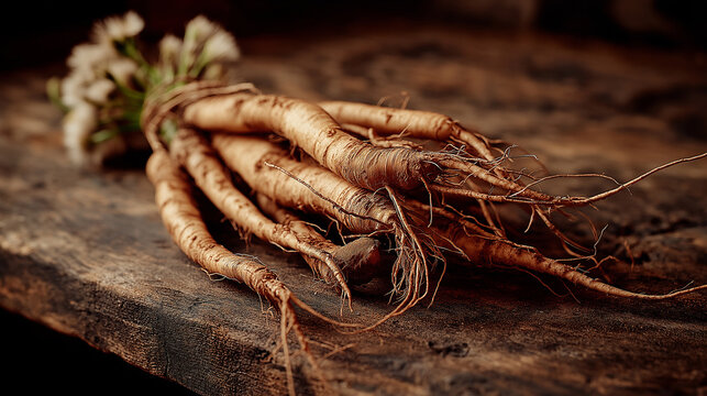 Close up of freshly dug dandelion roots on rustic wooden table for diy pharmacy