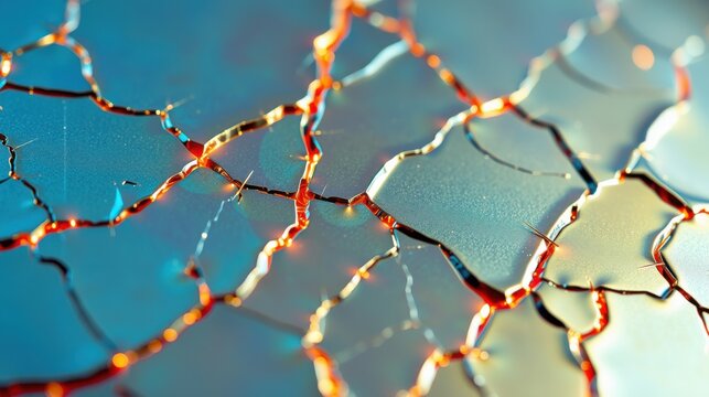 Cracked surface displays intricate network. Orange lines contrast blue background. Texture suggests fragility, damage, impact. Closeup view emphasizes detail.