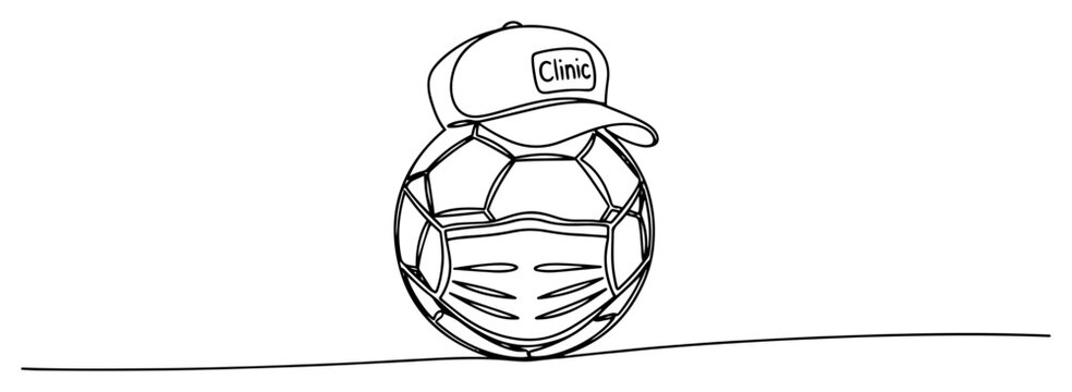 Soccer ball wearing a medical face mask and a clinic cap representing health safety in sports