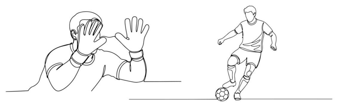 Action scene of a soccer player dribbling towards a goalkeeper protecting his face